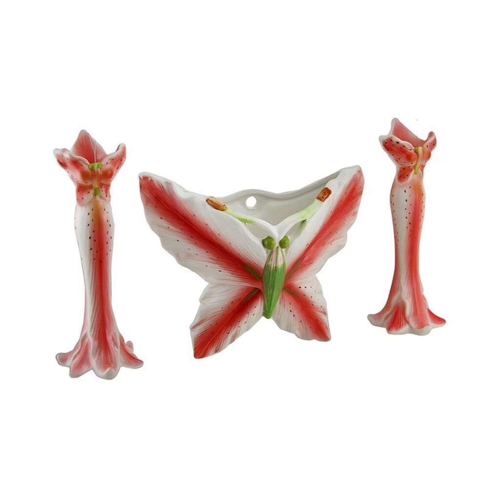 3 Pc. Pink Tiger Lily Flower Candle Holder and Butterfly Vase Set